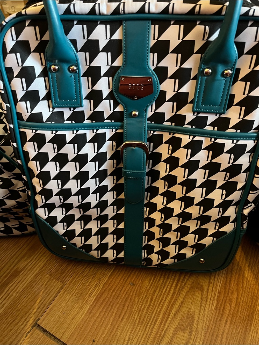 ELLE Teal Accent Black & White Houndstooth Rolling Bag